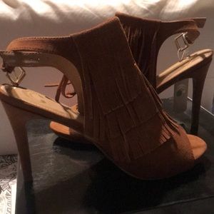 Camel fringe heel booties